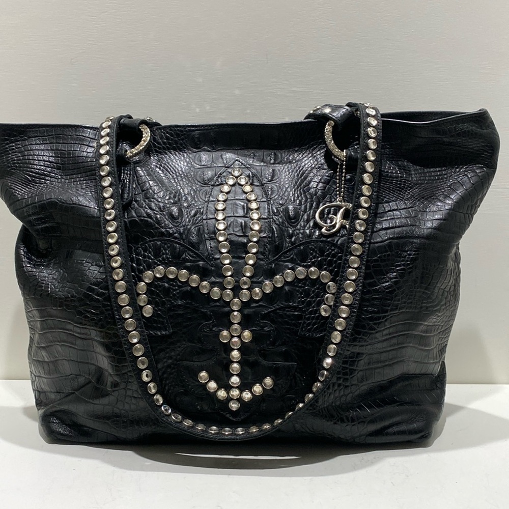 RAVIANI Black Croc Embossed Crystal Studded Leather Large Tote Bag